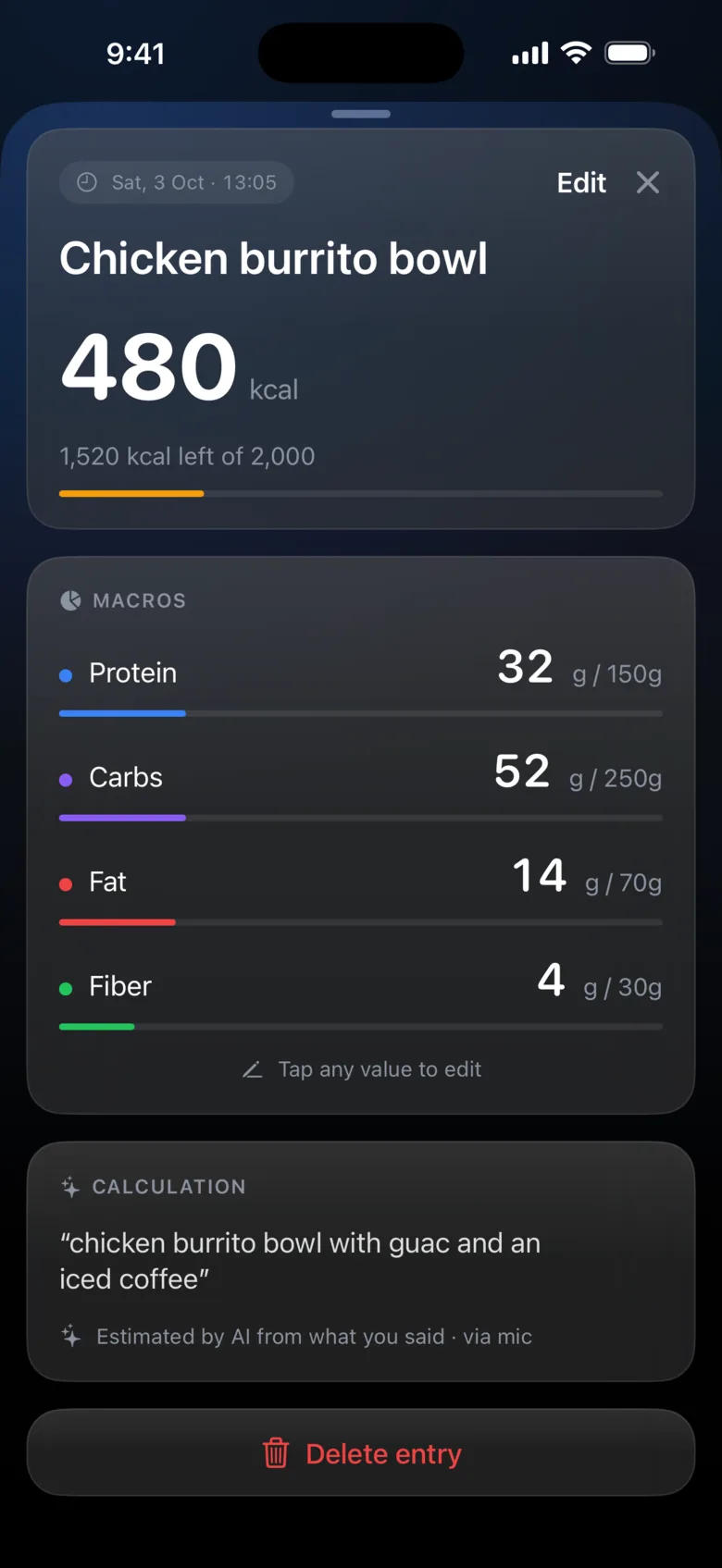 Entry detail: Chicken burrito bowl, 480 kcal, macros, and the words it was estimated from